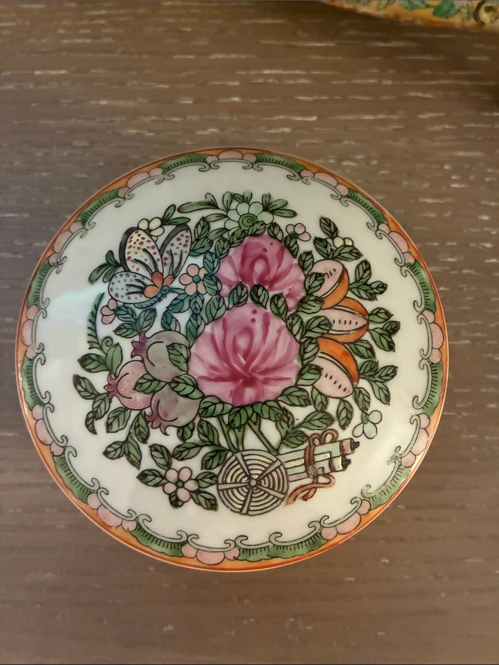 Vintage Famille Rose Scholar Porcelain Trinket Box - Pink, Green & Orang